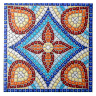 Navy Blue Teal White Red Marble Moroccan Mosaic  Tile