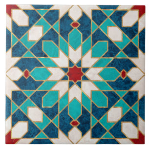 Navy Blue Teal White Red Marble Moroccan Mosaic Tile