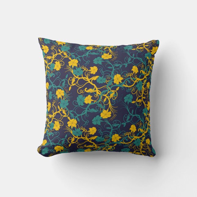 Navy Blue Teal & Yellow Modern Floral Pattern Cushion (Front)