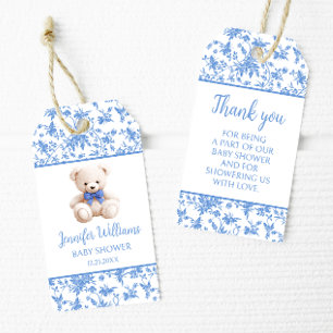 Navy blue teddy bear baby boy shower thank you gift tags