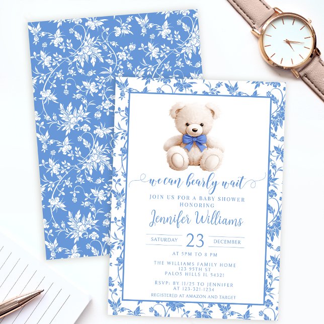 Navy blue teddy bear floral baby boy shower invitation (Creator Uploaded)