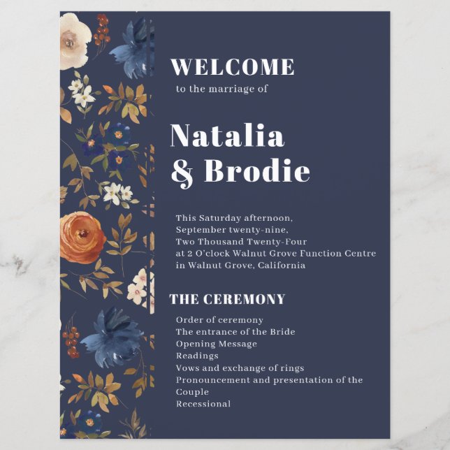 Navy Blue Terracotta Bohemian Wedding Program (Front)