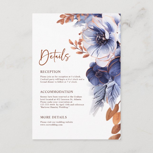 Navy Blue Terracotta Boho Elegant Wedding Details Enclosure Card (Front)