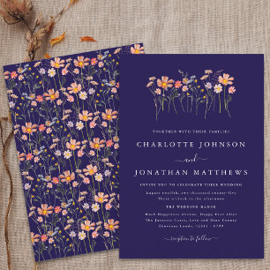 Navy Blue Terracotta Boho Fall Wildflower Wedding Invitation