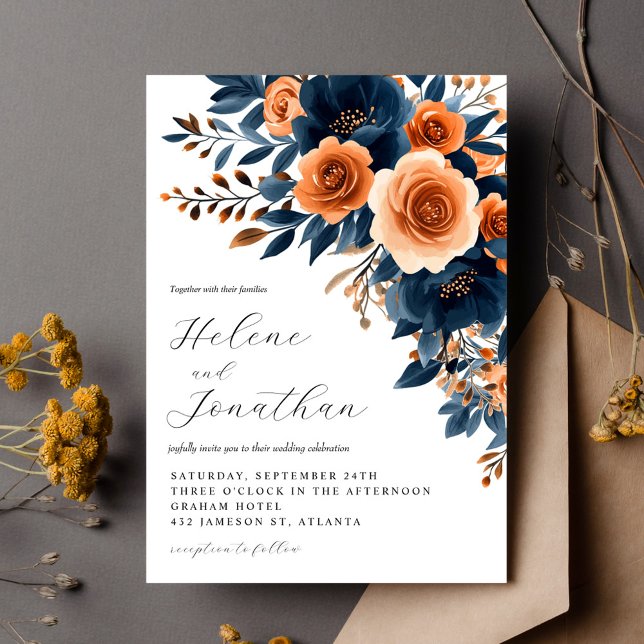 Navy Blue Terracotta Burnt Orange Elegant Wedding Invitation (Navy Blue Terracotta Burnt Orange Elegant Wedding Invitation)