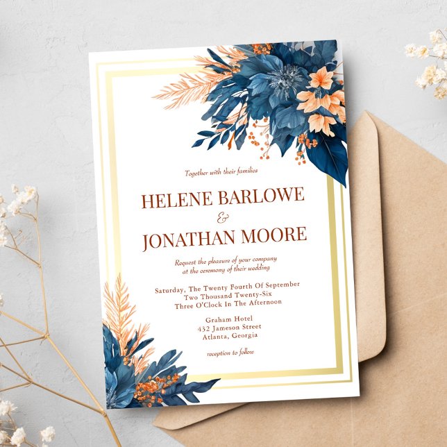 Navy Blue Terracotta Gold Floral Elegant Wedding Invitation (Navy Blue Terracotta Gold Floral Elegant Wedding Invitation)