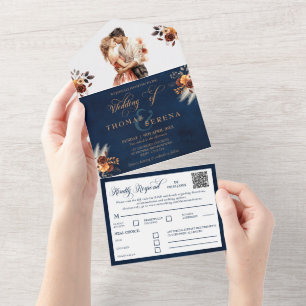 Navy Blue Terracotta QR Code All in One Wedding  Invitation