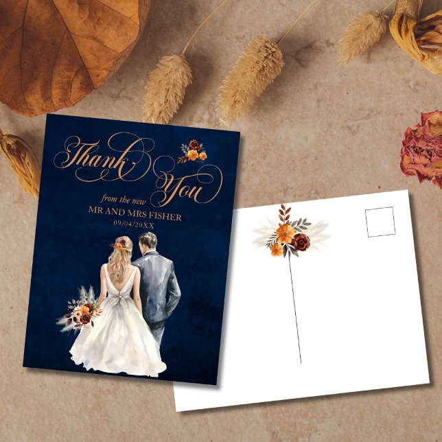 Navy Blue Terracotta Rust Fall Thank You Wedding Postcard (Creator Uploaded)