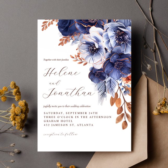 Navy Blue Terracotta Rust Floral Elegant Wedding Invitation (Navy Blue Terracotta Rust Floral Elegant Wedding Invitation)
