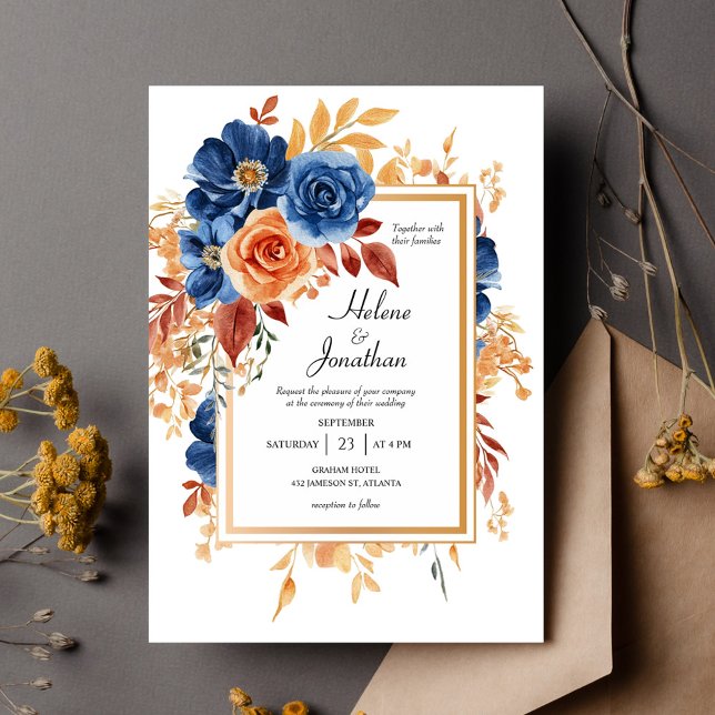 Navy Blue Terracotta Rust Garden Elegant Wedding Invitation (Navy Blue Terracotta Rust Garden Elegant Wedding Invitation)