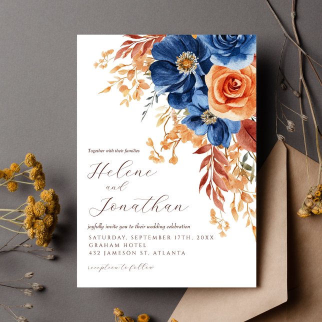 Navy Blue Terracotta Rust Rustic Elegant Wedding Invitation (Navy Blue Terracotta Rust Rustic Elegant Wedding Invitation)