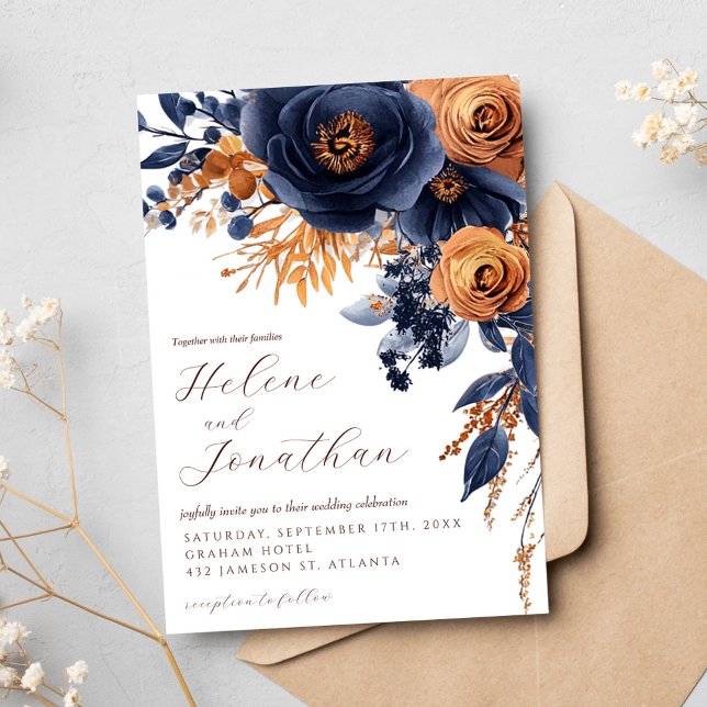 Navy Blue Terracotta Watercolor Elegant Wedding Invitation (Navy Blue Terracotta Watercolor Elegant Wedding Invitation)