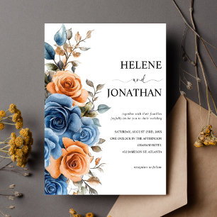 Navy Blue Terracotta Watercolor Elegant Wedding Invitation