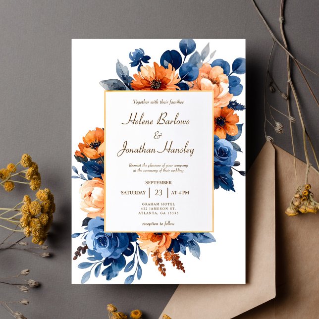 Navy Blue Terracotta Watercolor Floral Elegant Invitation (Navy Blue Terracotta Watercolor Floral Elegant Invitation)