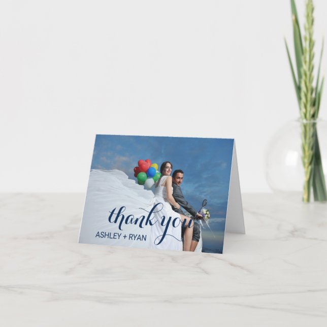 Navy Blue Text Overlay Photo Thank You Card (Front)