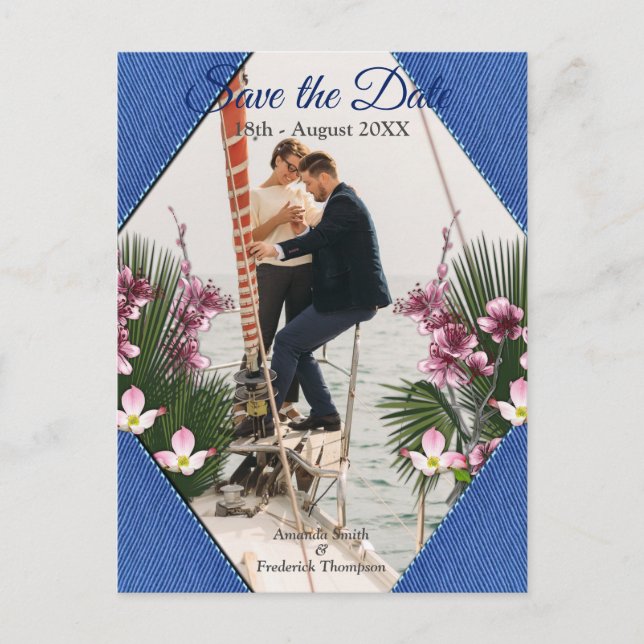 Navy - Blue Textured & Pink Flowers Save the Dates Announcement Postcard (Front)