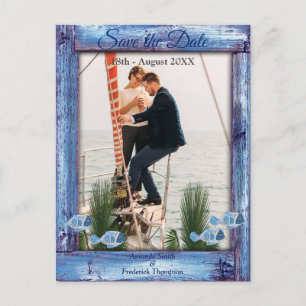 Navy - Blue Textured Wood & fish Save the Dates Announcement Postcard