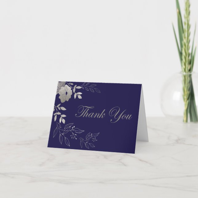 Navy Blue Thank You Card Silver Flowers  (Front)