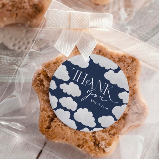 Navy Blue Thank You Cloud Nine Modern Minimal Classic Round Sticker (Creator Uploaded)
