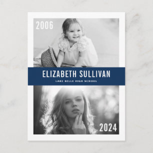 Navy Blue Then and Now Photo Collage Graduation Postcard