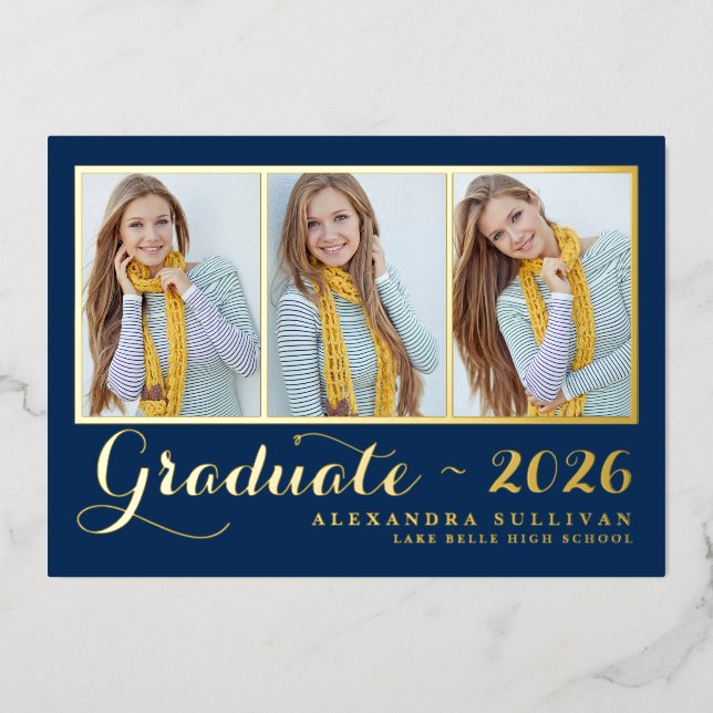 Navy Blue Three Photo Collage Graduation (Front)