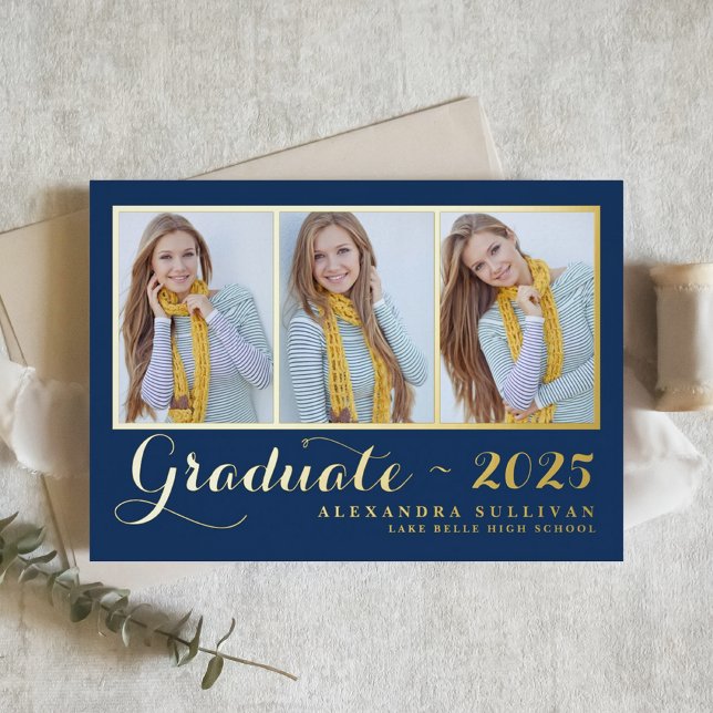 Navy Blue Three Photo Collage Graduation (Personalized photo collage graduation invitation featuring gold foil - available in other colors.)