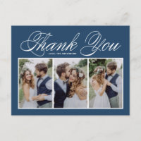 Navy Blue Three Photo Collage Wedding Thank You