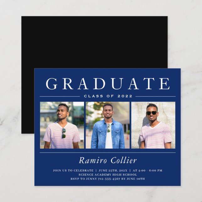 Navy Blue Three Photo Graduation Invitation (Front/Back)