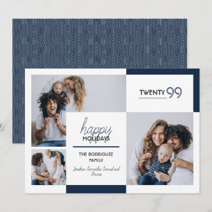Navy Blue Three-Photo Happy Holidays Holiday Card
