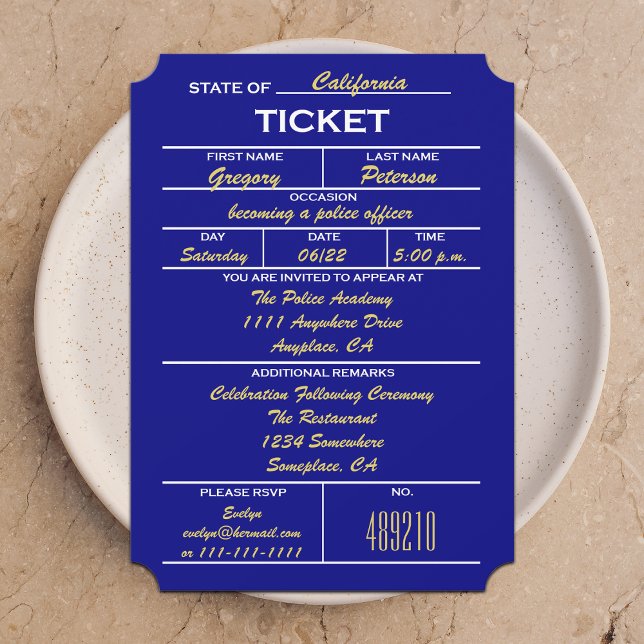 Navy Blue Ticket Police Graduation Invitations (Creator Uploaded)