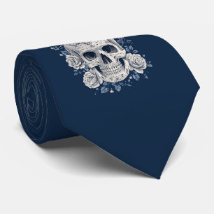Navy Blue Tie with Decorative Sugar Skull