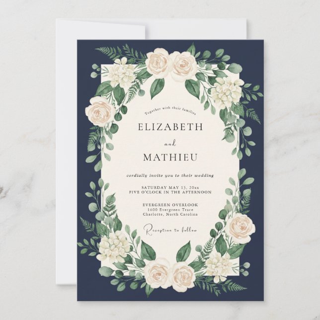 Navy Blue Timeless Botanical Wedding Invitation (Front)