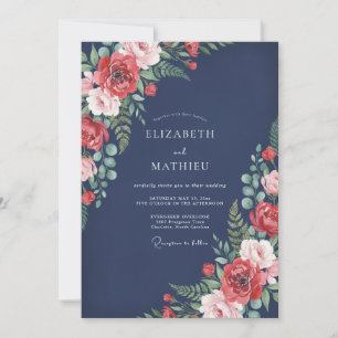 Navy Blue Timeless Floral Wedding Invitation