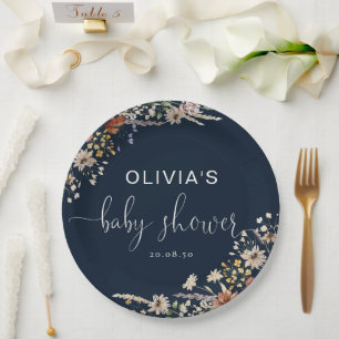 Navy Blue Tiny Wildflower Baby Shower Paper Plate