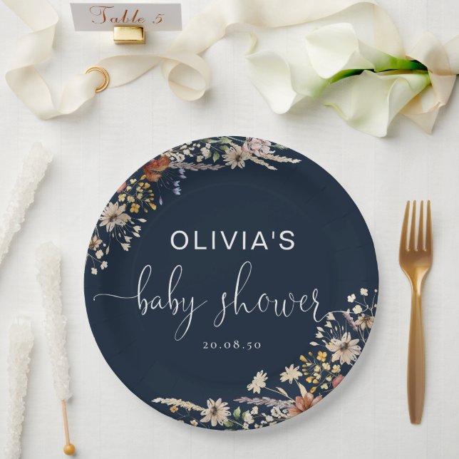 Navy Blue Tiny Wildflower Baby Shower Paper Plate (Wedding)