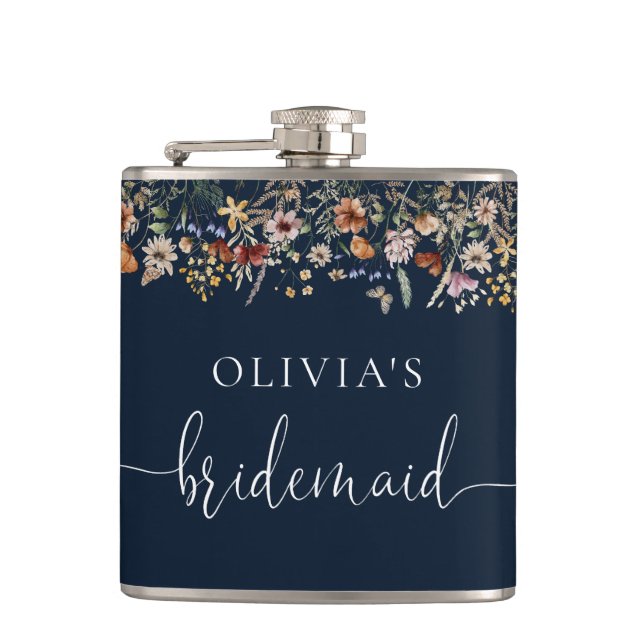 Navy Blue Tiny Wildflower Bridal Shower Flask (Front)