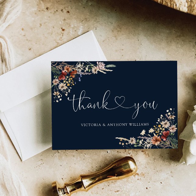 Navy Blue Tiny Wildflower Bridal Shower Flat Thank You Card (Creator Uploaded)