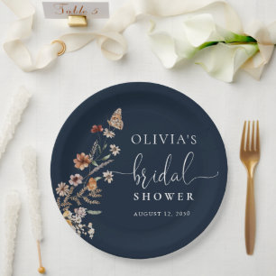 Navy Blue Tiny Wildflower Bridal Shower  Paper Plate