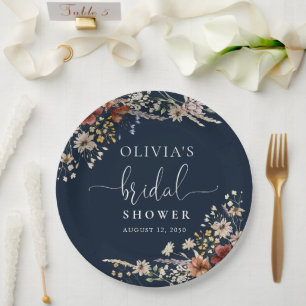 Navy Blue Tiny Wildflower Bridal Shower  Paper Plate