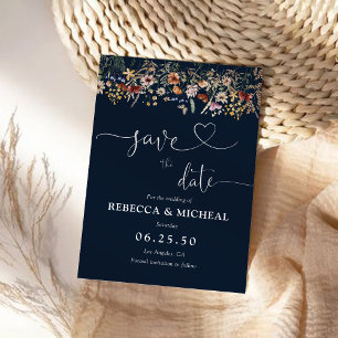 Navy Blue Tiny Wildflower Save The Date Card