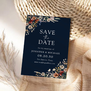 Navy Blue Tiny Wildflower Save The Date Card