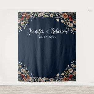 Navy Blue Tiny Wildflower Wedding Backdrops Tapestry
