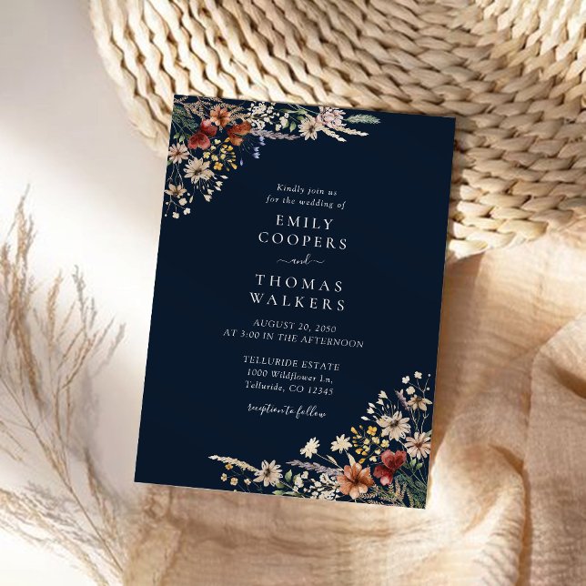 Navy Blue Tiny Wildflower Wedding Ceremony  Invitation (Creator Uploaded)