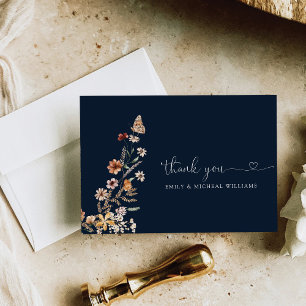 Navy Blue Tiny Wildflower Wedding Flat Thank You Card