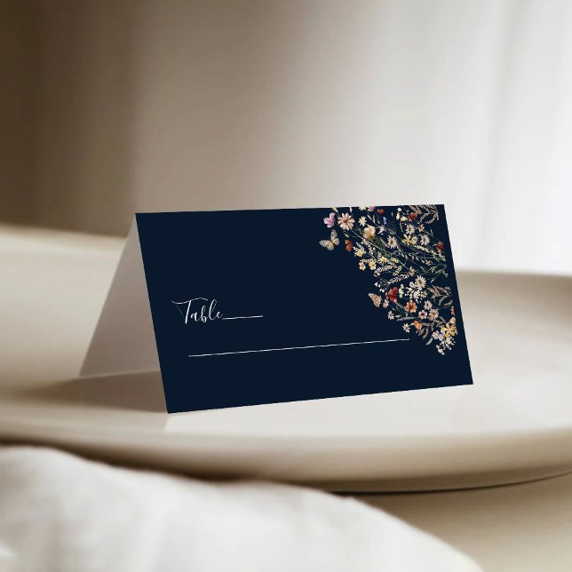 Navy Blue Tiny Wildflower Wedding Folded  Place Card (Creator Uploaded)