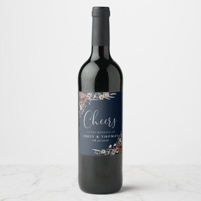 Navy Blue Tiny Wildflower Wedding Wine Label (Front)