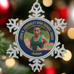 Navy Blue Track & Field Photo High School Runner Snowflake Pewter Christmas Ornament<br><div class="desc">This cool customized high school track team athlete photo gift features gold typography of your team on a snowflake shaped Christmas ornament with a running track on a navy blue background. Personalize with your student's photograph and class year as a proud runner parent.</div>