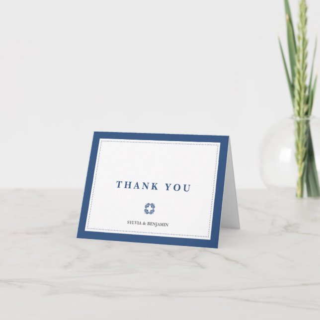 Navy blue traditional border simply thank you note card (Front)