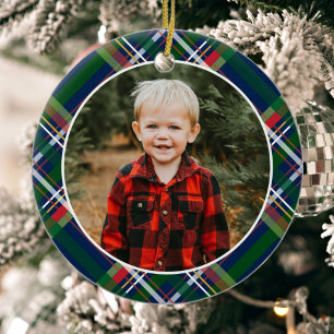 Navy Blue Traditional Christmas Plaid Photo Ceramic Tree Decoration