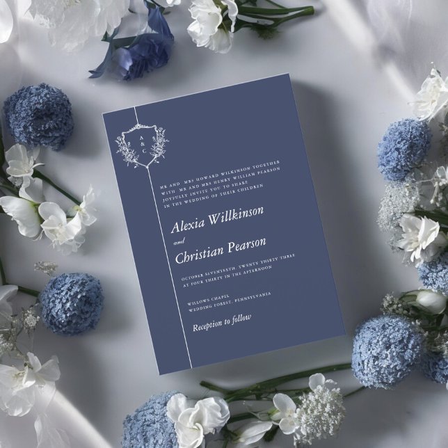 Navy Blue traditional white crest wedding Invitation (Creator Uploaded)